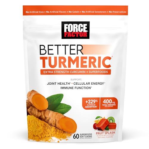 FORCE FACTOR Better Turmeric Supplement 400mg with Black Pepper &amp; Ginger, Extra Strength Joint Support, Superior Absorption, Like Turmeric Gummies, Fruit Splash, 60 Turmeric Chews