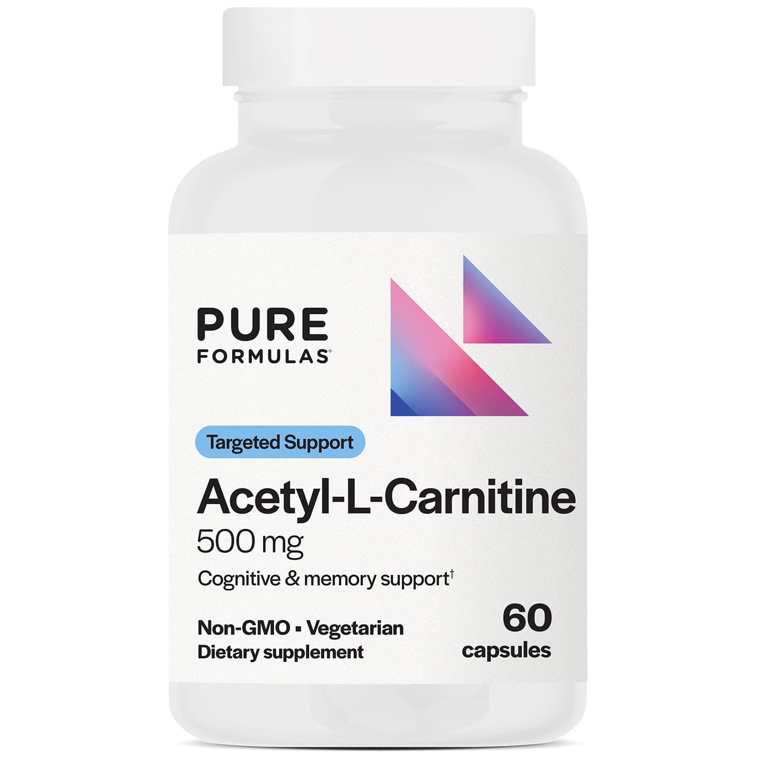 PureFormulas Acetyl L-Carnitine Cognitive &amp; Memory Support L Carnitine Supplement for Brain, Focus, &amp; Calmness Alcar, 500mg Dairy Free Non-GMO 60 Capsules