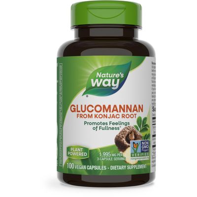 Nature&#39;s Way Premium Herbal Glucomannan from Konjac Root, Promotes Feelings of Fullness*, 1,995 mg per 3-Capsule Serving, Non-GMO Project Verified, Vegan, 100 Capsules (Packaging May Vary)