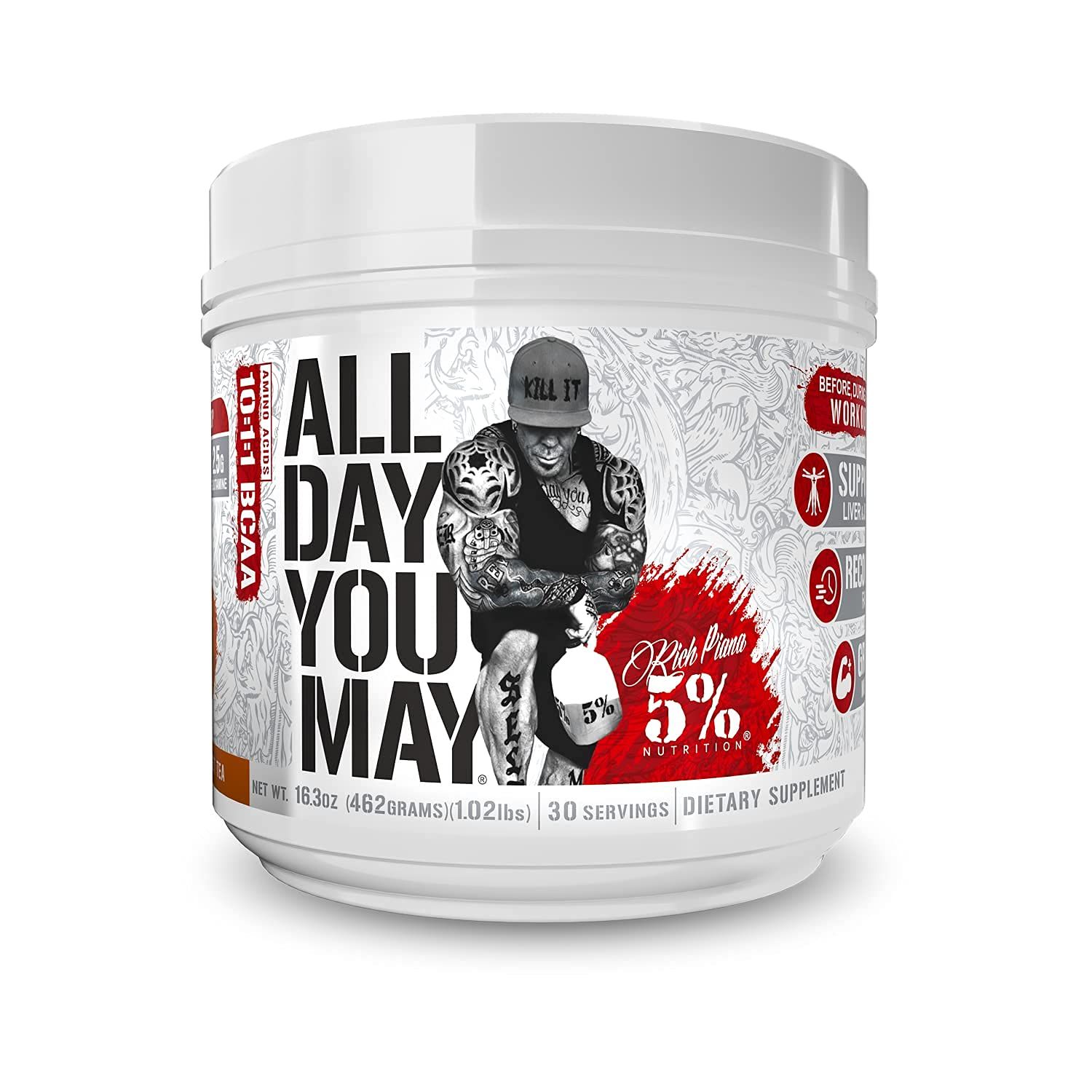 5% Nutrition Rich Piana AllDayYouMay BCAA Powder | Premium Intra &amp; Post Workout Amino Acids, Hydration, Endurance, Muscle Recovery, Joint &amp; Liver Support | 16.3 oz, 30 Servings (Southern Sweet Tea)