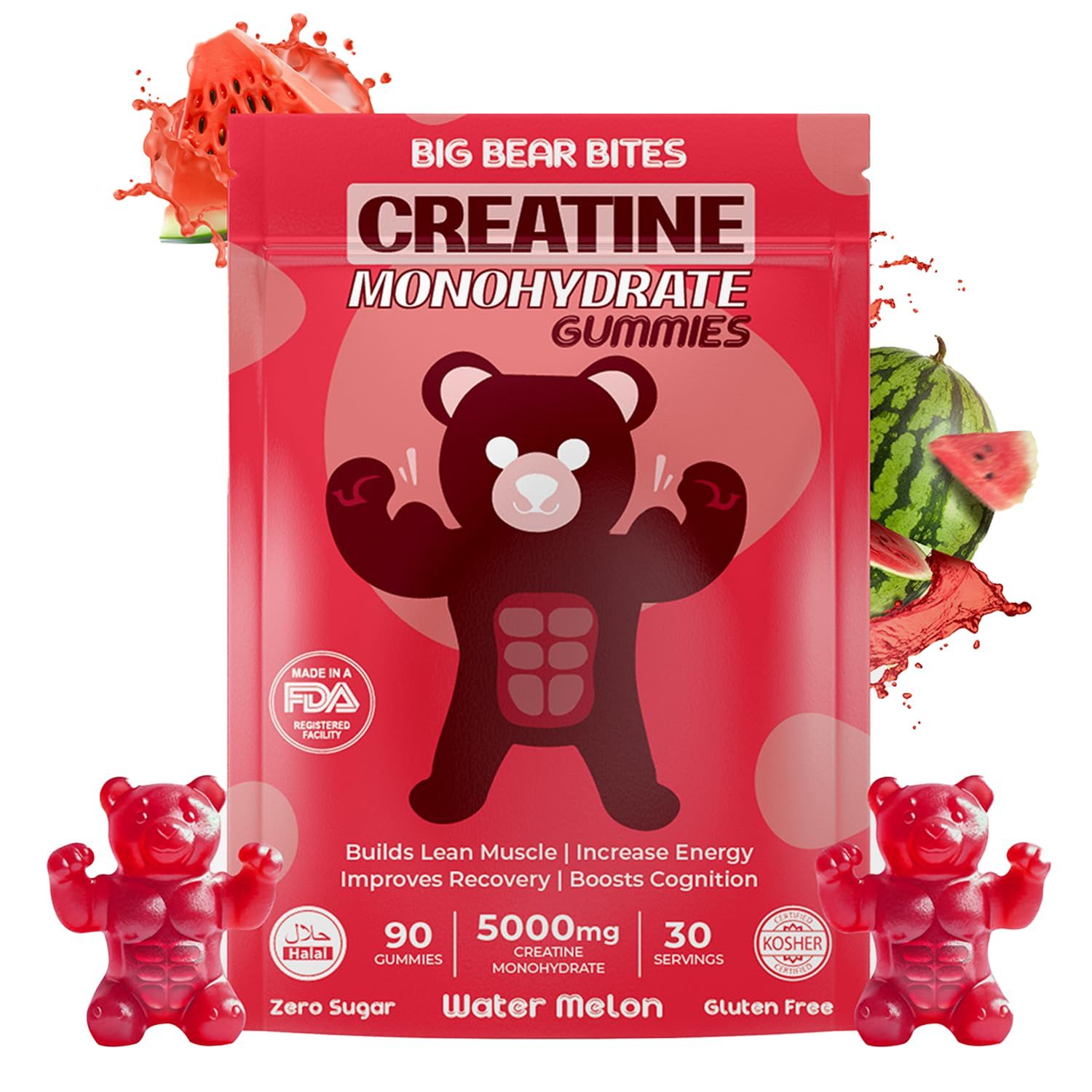 Creatine Monohydrate Gummies for Men &amp; Women | 5000mg of Creatine Gummies per Serving | Sugar Free Gummies, Gluten Free &amp; Halal | Pack of 90 Pre Workout Gummies for Muscle Recovery | Watermelon Flavor