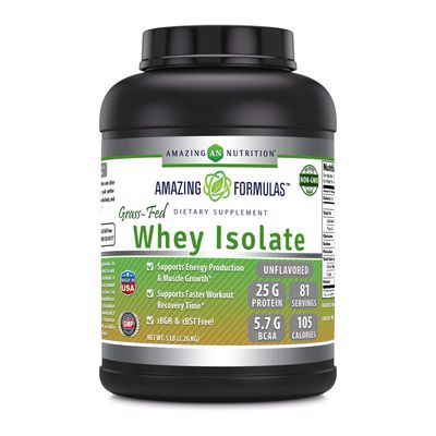 Amazing Formulas Grass-Fed Whey Protein Isolate | 25 Grams Protein Per Serving | 5 Lbs (2.26 Kg) | 5.7 Grams BCAA | Made in USA (5 Lb, Unflavored)