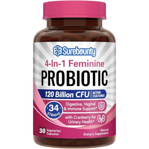 Surebounty Probiotics for Women, 120 Billion CFU 34 Strains, Prebiotics, Digestive Enzymes, Cranberry, 4-in-1 Feminine Probiotic, Digestive, Vaginal, Immune Support, 30ct
