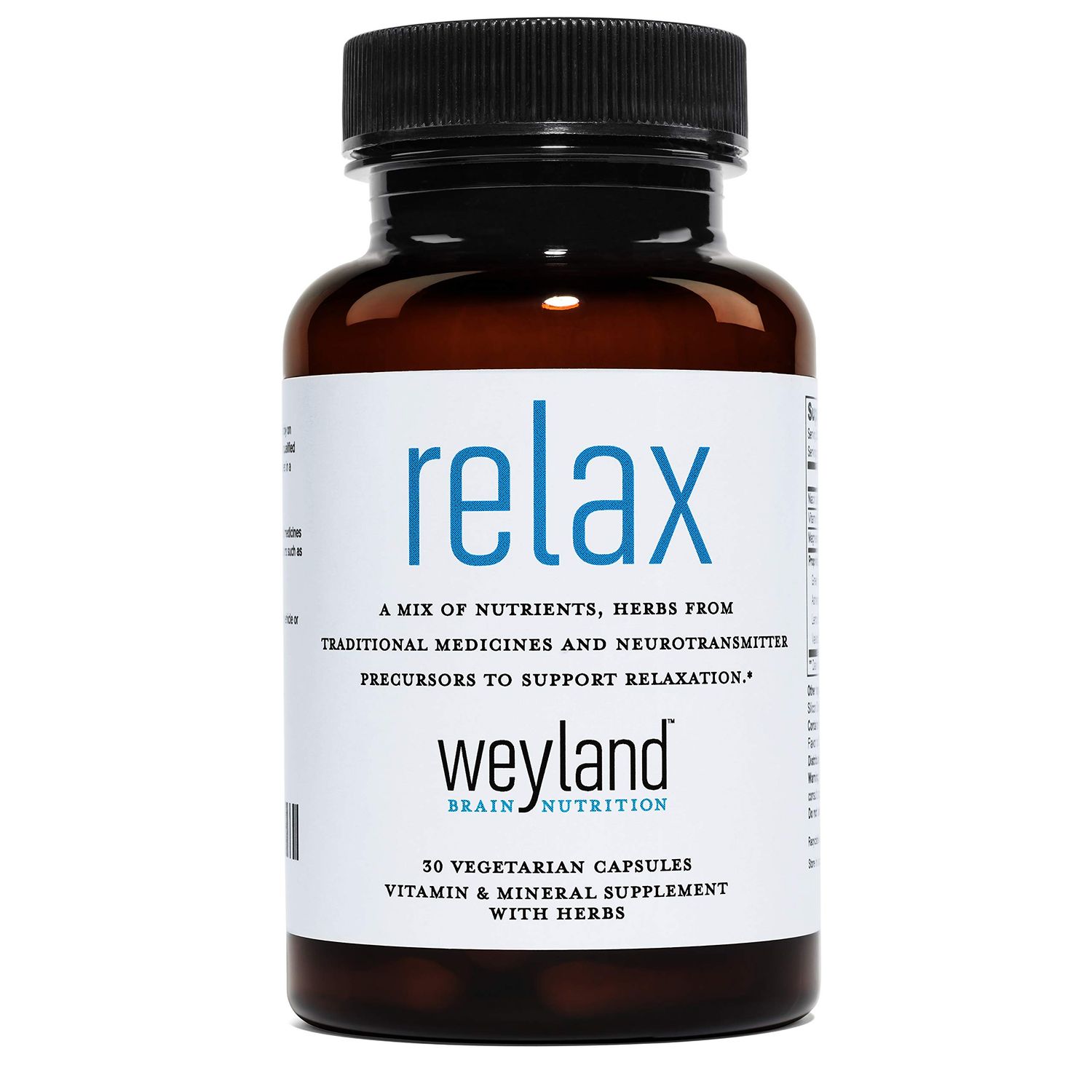 Weyland Brain Nutrition Relax - Natural Sleep Support Supplement with GABA, L-Theanine, Valerian Root, 5-HTP, Lemon Balm - Calm and Relaxation Aid - 30 Vegetarian Capsules