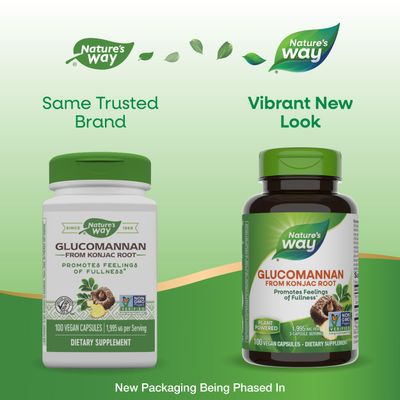 Nature's Way Premium Herbal Glucomannan from Konjac Root, Promotes Feelings of Fullness*, 1,995 mg per 3-Capsule Serving, Non-GMO Project Verified, Vegan, 100 Capsules (Packaging May Vary)