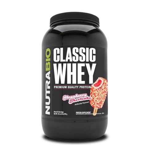 NutraBio Classic Whey Protein Powder Supplement - 25g of Protein Per Scoop - Full-Spectrum Amino Acid Profile with No Fillers, Artificial Colors, or Preservatives - Strawberry Shortcake, 2 Pounds