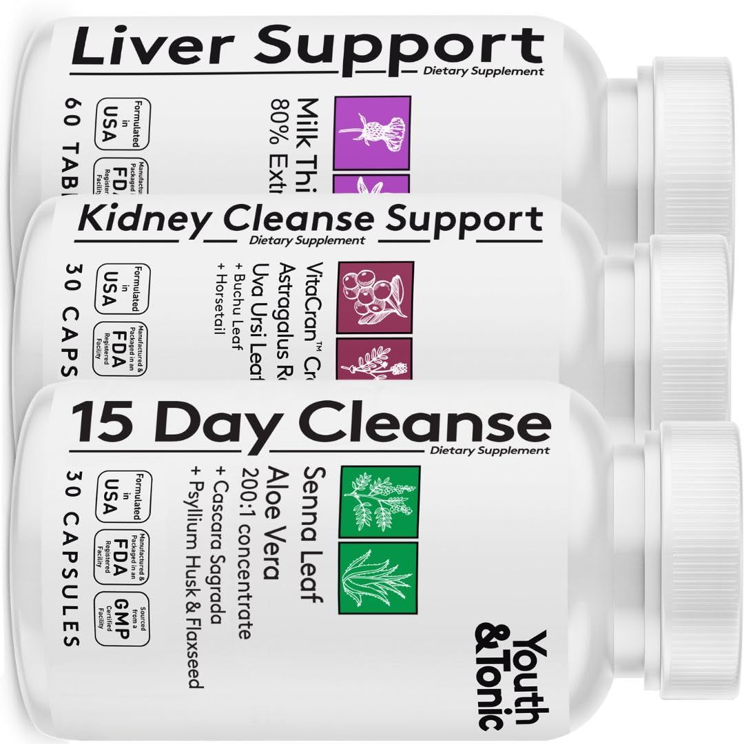 Youth &amp; Tonic 3X Body Cleanse and Detox Pills for Women &amp; Men with Liver, Kidney, Colon Supplements to Support Healthy Functions and for Loss of Unwanted Impurities and Metabolic Waste. 120 Capsules