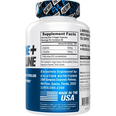 Evlution Nutrition L-Arginine + L-Citrulline - Endurance + Workout Performance Supplement - 1000mg Complex - Vasodilation + Nitric Oxide Support - Vegan + Gluten Free Capsules - 60 Servings