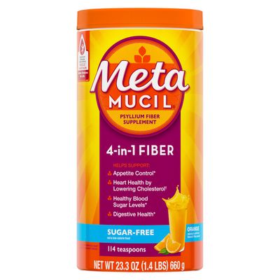 Metamucil 4 in 1 Daily Fiber Supplement Powder, Fiber Powder for Digestive Health and Regularity*, Sugar-Free, Orange, Naturally Sourced Psyllium Fiber, 114 teaspoons