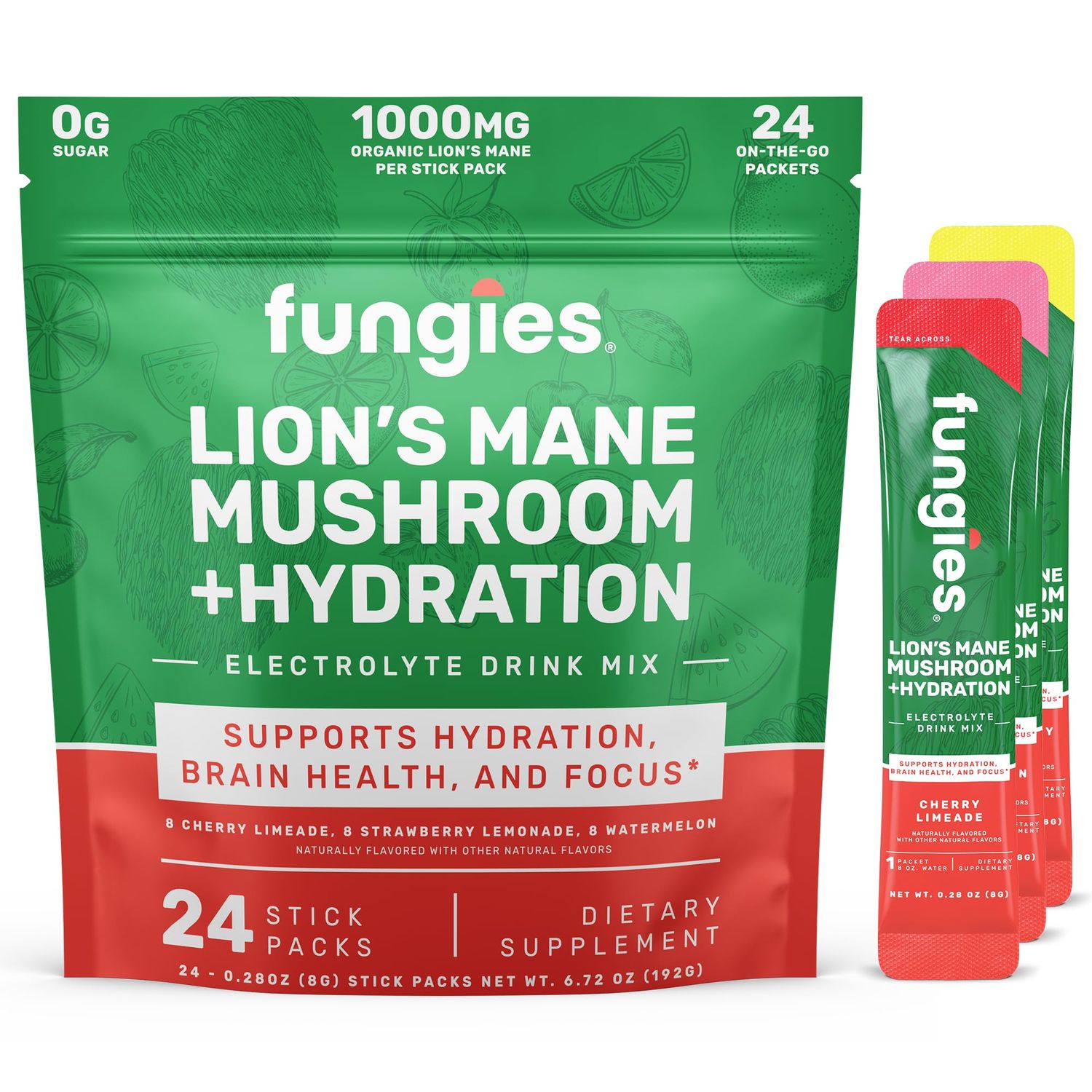 Fungies Electrolyte Drink Mix with Lion&#39;s Mane Mushroom &amp; Essential Electrolytes, 24 Variety Pack - Sugar-Free Hydration Supplement Powder for Adults for Brain Health &amp; Focus - Mushroom Supplement