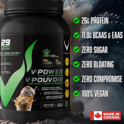 VEGAIN V-Power Plant-Based Protein Powder - Vanilla Surge (29 Servings) | 26g Protein, 11.8g BCAAs & EAAs, Zero Fat, Zero Sugars, Dairy-Free & Soy-Free - All Natural Ingredients - 1kg (2.2lbs)