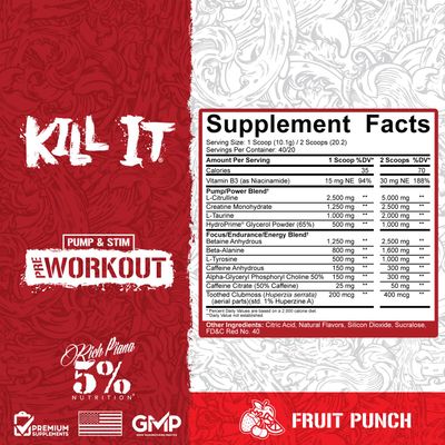 5% Nutrition Rich Piana Kill It Pre Workout Powder w/Creatine, Caffeine, Beta Alanine, Hydroprime Glycerol for Pump, Strength, Endurance | 14.25 oz, 40 Srvgs (Fruit Punch)