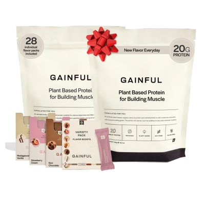 Gainful Vegan Protein Powder Build Muscle Bundle, Plant Based Post Workout Support, Organic Rice + Pea Protein, Unflavored with Chocolate, Vanilla, Strawberry &amp; Variety Pack Flavor Boosts, 28 Servings