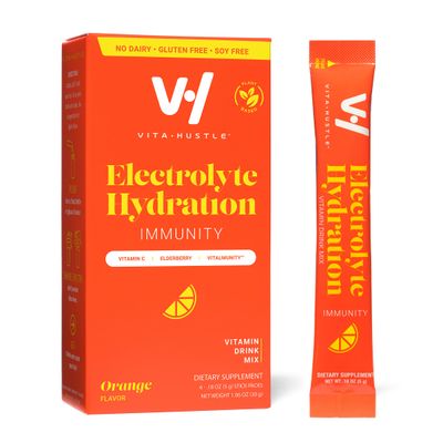 VitaHustle Electrolyte Hydration Immunity Drink Mix, Caffeine Free Stick Packs, Beta Glucan, Vitamin C, Elderberry (6 Count, Orange)