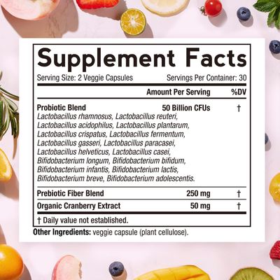 Doctor's Recipes Womens Probiotic, 60 Caps 50 Billion CFU 16 Strains, with Organic Cranberry, Digestive Immune Vaginal &amp; Urinary Health, Shelf Stable, Delayed Release, No Soy Gluten Dairy