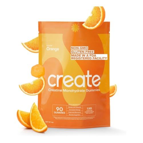 Create Creatine Monohydrate Gummies for Men &amp; Women, Boost Focus, Strength, and Endurance, Anti-Melting Formula, Vegan, Gluten-Free, Non-GMO, 1.5g of Creatine per Gummy (Orange, 90 ct)