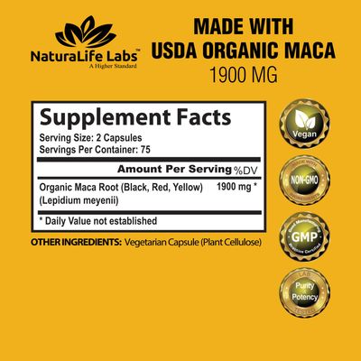 Organic Maca Root Black, Red, Yellow 1900 MG per Serving - 150 Vegan Capsules Peruvian Maca Root Gelatinized 100% Pure Non-GMO Supports Reproductive Health Natural Energizer