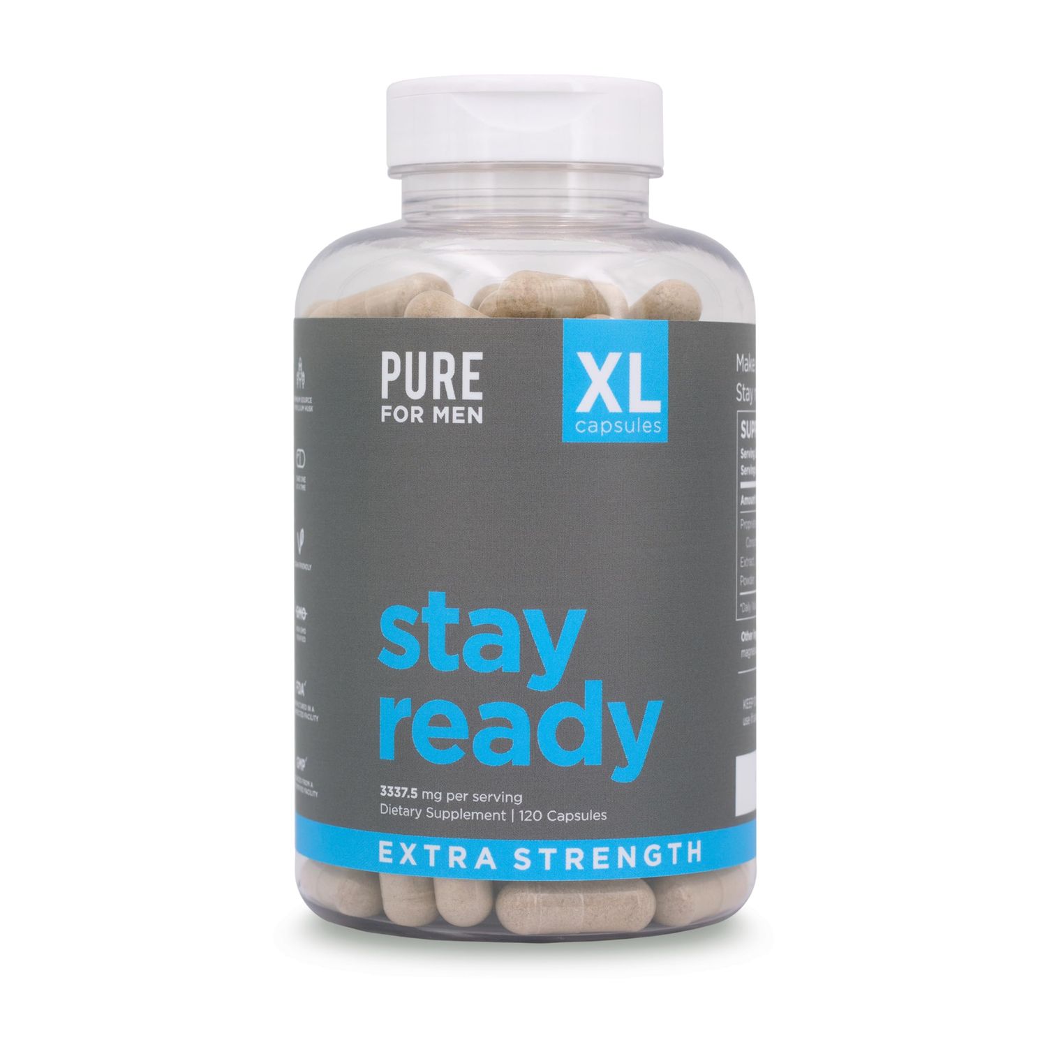 Pure for Men Stay Ready Fiber Extra Strength Supplement | Digestive Regularity | Bowel Movement &amp; Gut Health Support | Vegan Cleanliness | Proprietary Formula | 120 Vegan XL Capsules