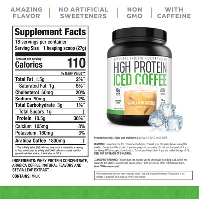 Iced Coffee, High Protein Coffee Keto Friendly, 18g of Protein, 2g Carbs, Natural Ingredients (18 Servings, Vanilla Latte)