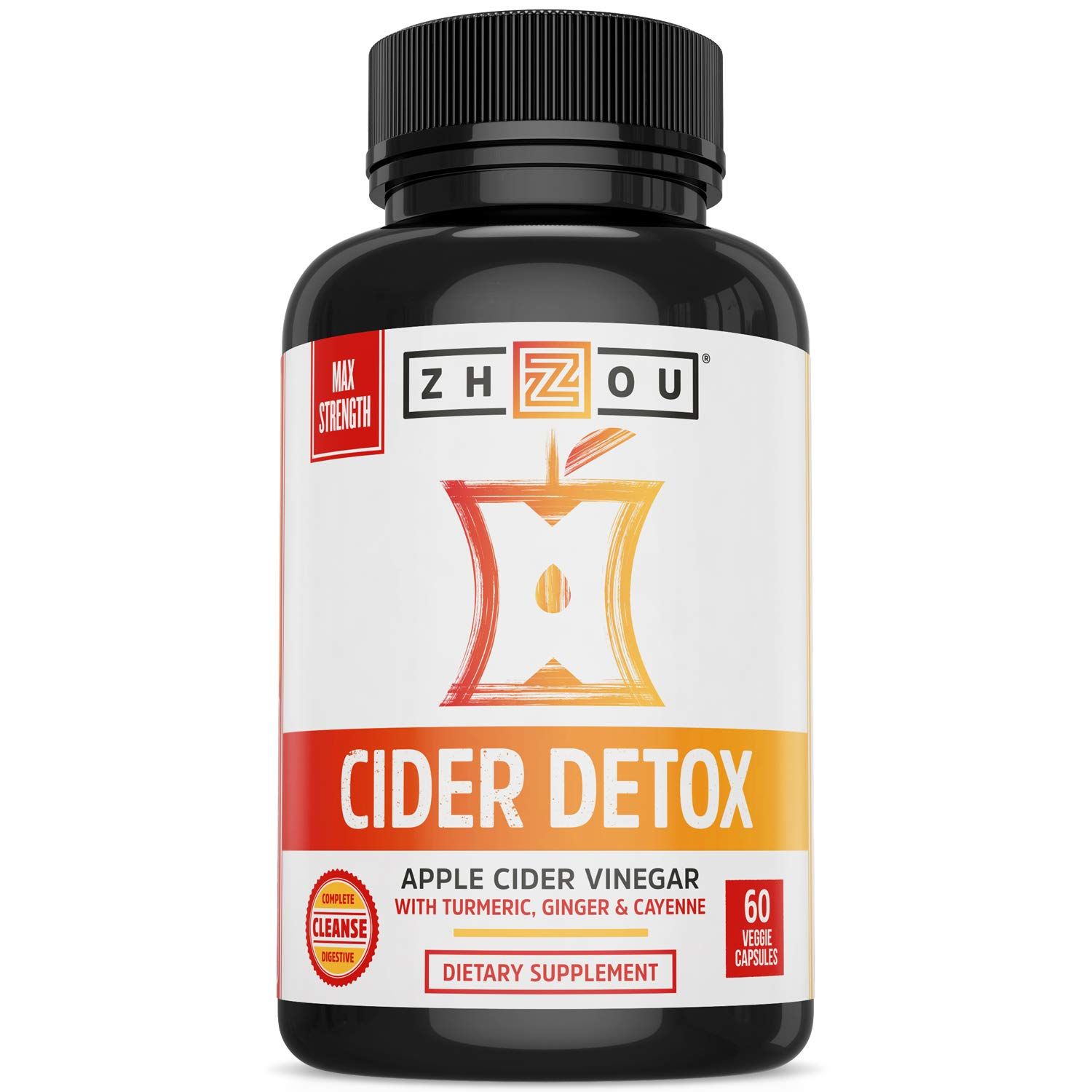 Zhou Nutrition Cider Detox Apple Cider Vinegar Capsules with Ginger, Turmeric &amp; Cayenne, Max Strength Thermogenic Formula for Improved Digestion, Detox, Heart Health