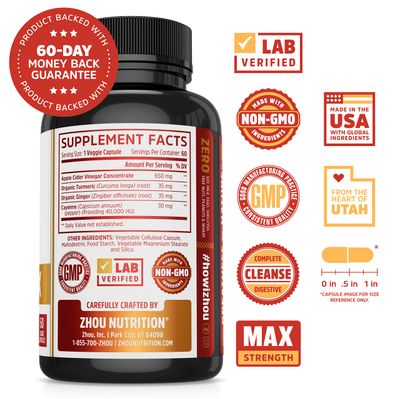Zhou Nutrition Cider Detox Apple Cider Vinegar Capsules with Ginger, Turmeric &amp; Cayenne, Max Strength Thermogenic Formula for Improved Digestion, Detox, Heart Health