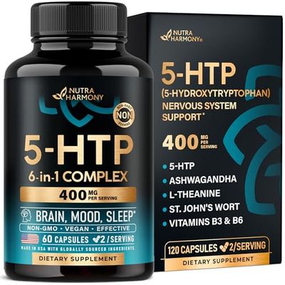 5HTP 400 mg Capsules - 5-HTP Supplement Tryptophan - Ashwagandha | L-Theanine | St. John&#39;s Wort | Vitamins B6 &amp; D3 | 5 HTP - Sleep, Mood &amp; Brain Support - NON-Habit Forming &amp; Drug-Free - 60 Capsules