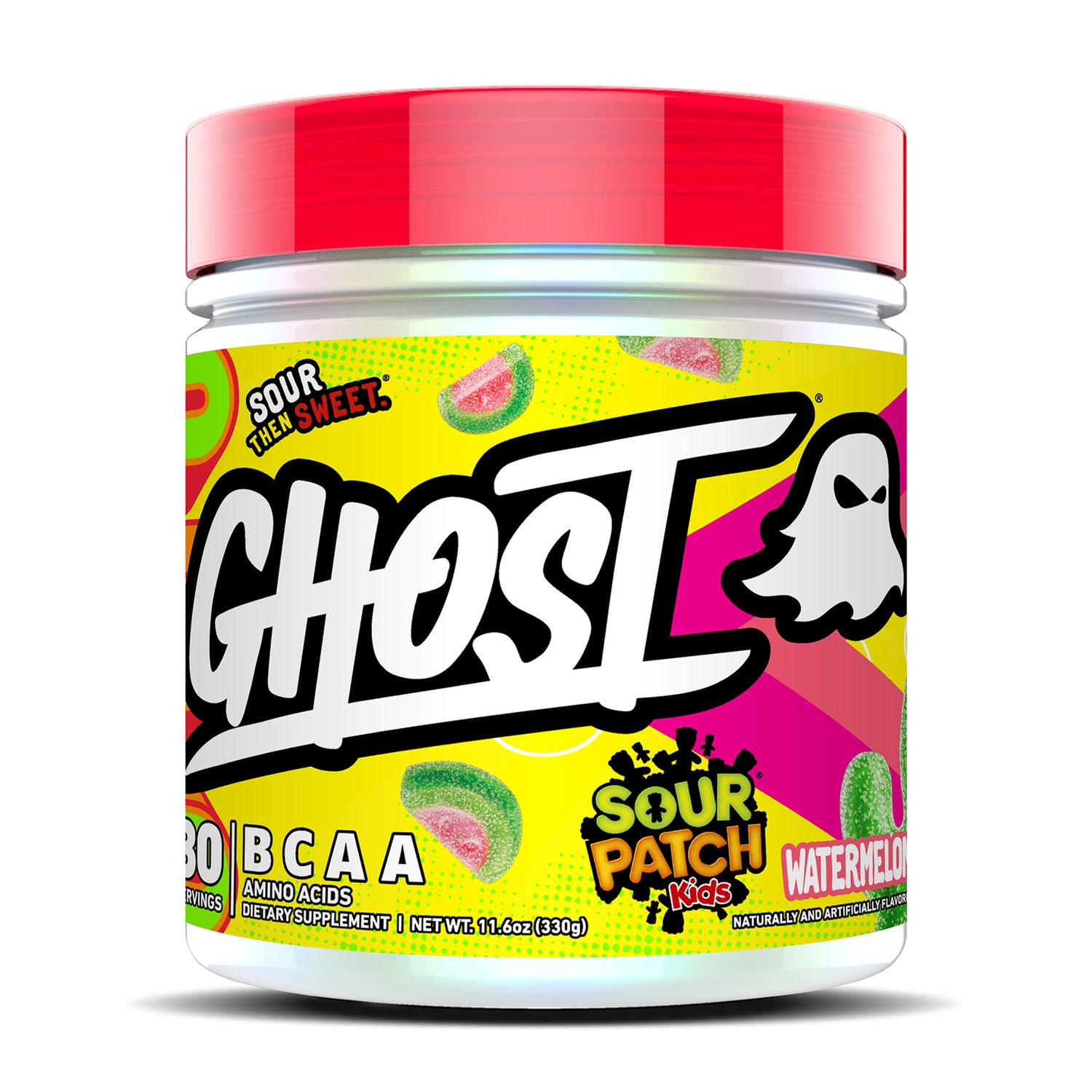 GHOST BCAA Powder Amino Acids Supplement, Sour Patch Kids Watermelon - 30 Servings - Sugar-Free Intra, Post &amp; Pre Workout Amino Powder &amp; Recovery Drink, 7G BCAA