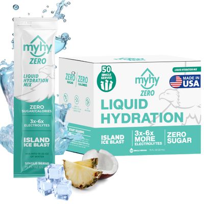 MyHy Zero Sugar Free Liquid Hydration Packets, Electrolyte Drink Mix for Adults &amp; Kid Hydration, Dehydration Relief for Travel, Pregnancy, Sports, Hangovers, Bachelor Party - Island Ice, 50 Count