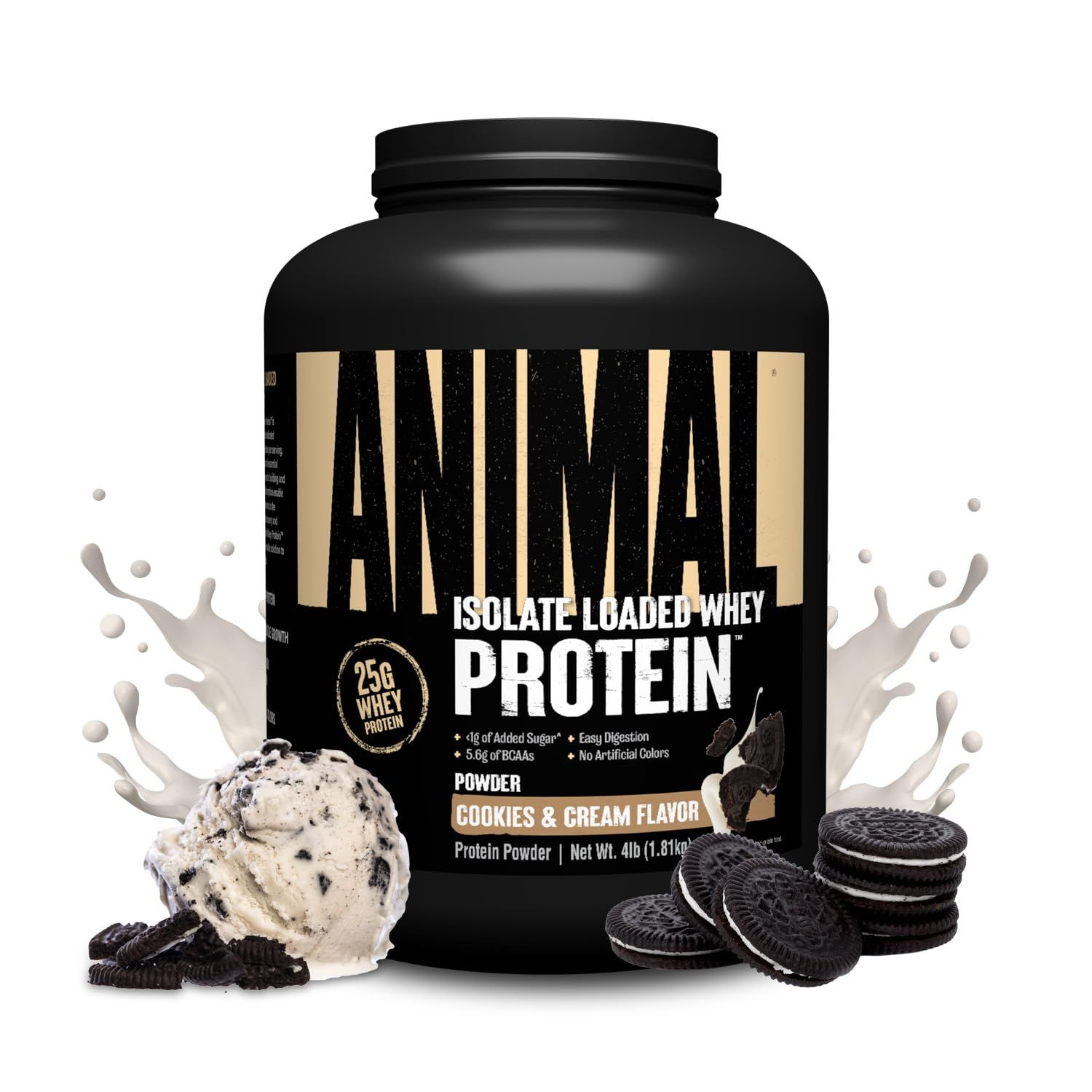 Animal Whey Isolate Protein Powder - Loaded for Pre &amp; Post Workout Muscle Builder and Recovery with Digestive Enzymes for Men &amp; Women - 25g Protein, Great Taste, Low Sugar - Cookies &amp; Cream 4 lbs