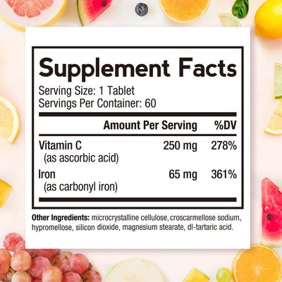 Doctor's Recipes Iron Supplement 65 mg with Vitamin C - Maximized Absorption, Stomach Friendly &amp; High Potency Iron Pills for Red Blood Cells Formation &amp; Immunity Health - Vegan Non-GMO 60 Iron Tablets