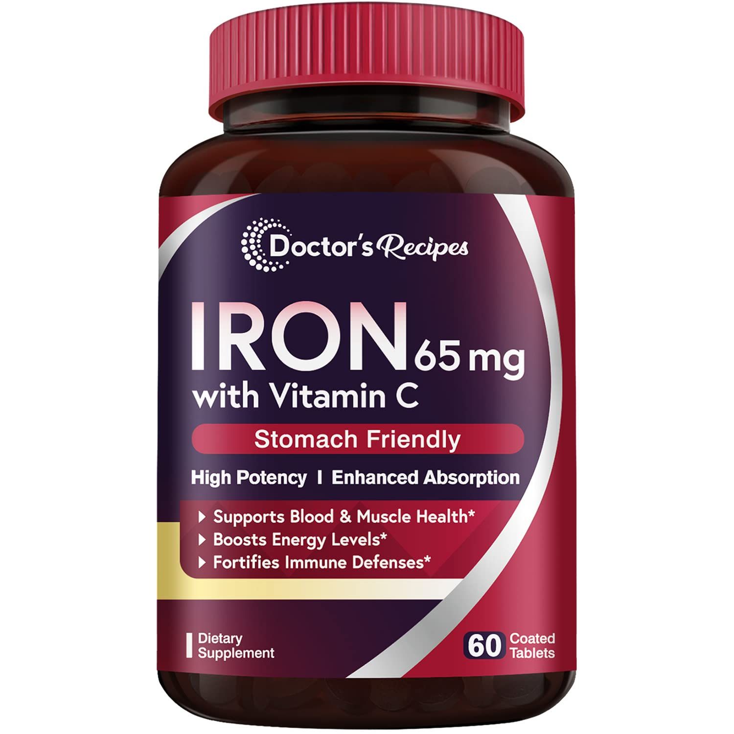 Doctor&#39;s Recipes Iron Supplement 65 mg with Vitamin C - Maximized Absorption, Stomach Friendly &amp; High Potency Iron Pills for Red Blood Cells Formation &amp; Immunity Health - Vegan Non-GMO 60 Iron Tablets