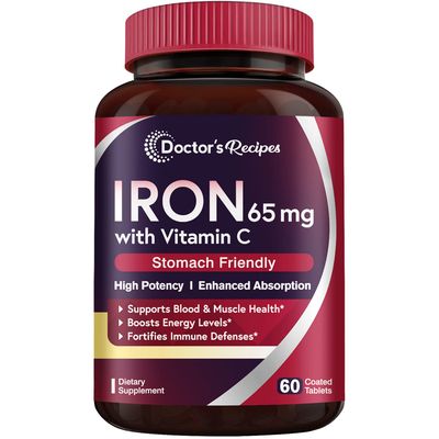 Doctor&#39;s Recipes Iron Supplement 65 mg with Vitamin C - Maximized Absorption, Stomach Friendly &amp; High Potency Iron Pills for Red Blood Cells Formation &amp; Immunity Health - Vegan Non-GMO 60 Iron Tablets