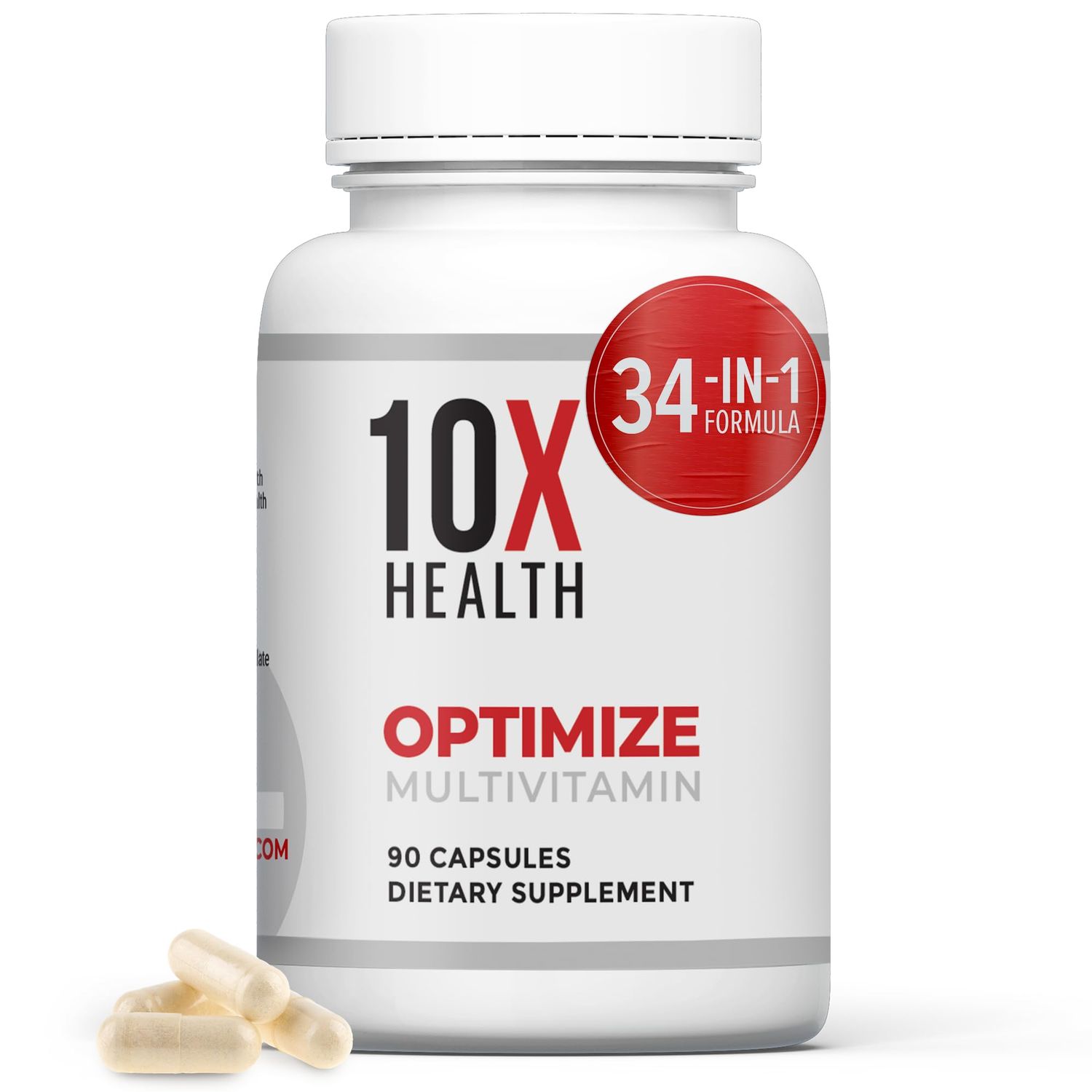 10X Health Optimize Methylated Multivitamin for Men &amp; Women - 34 in 1 Formula with 800 mcg of Vitamin B12, Vitamin E, 5-MTHF, B Complex, NAC, Magnesium &amp; Zinc Multivitamins - 90 Capsules
