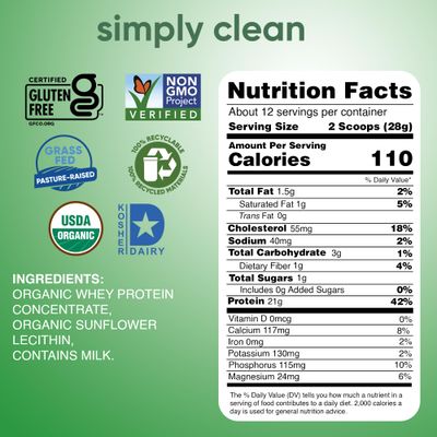 Simply tera's Organic Whey Protein Powder - Grass Fed Whey Protein Powder Without Artificial Sweeteners, Unflavored Protein Powder, Non-GMO, Kosher, Gluten-Free - Plain Unsweetened 12 Oz
