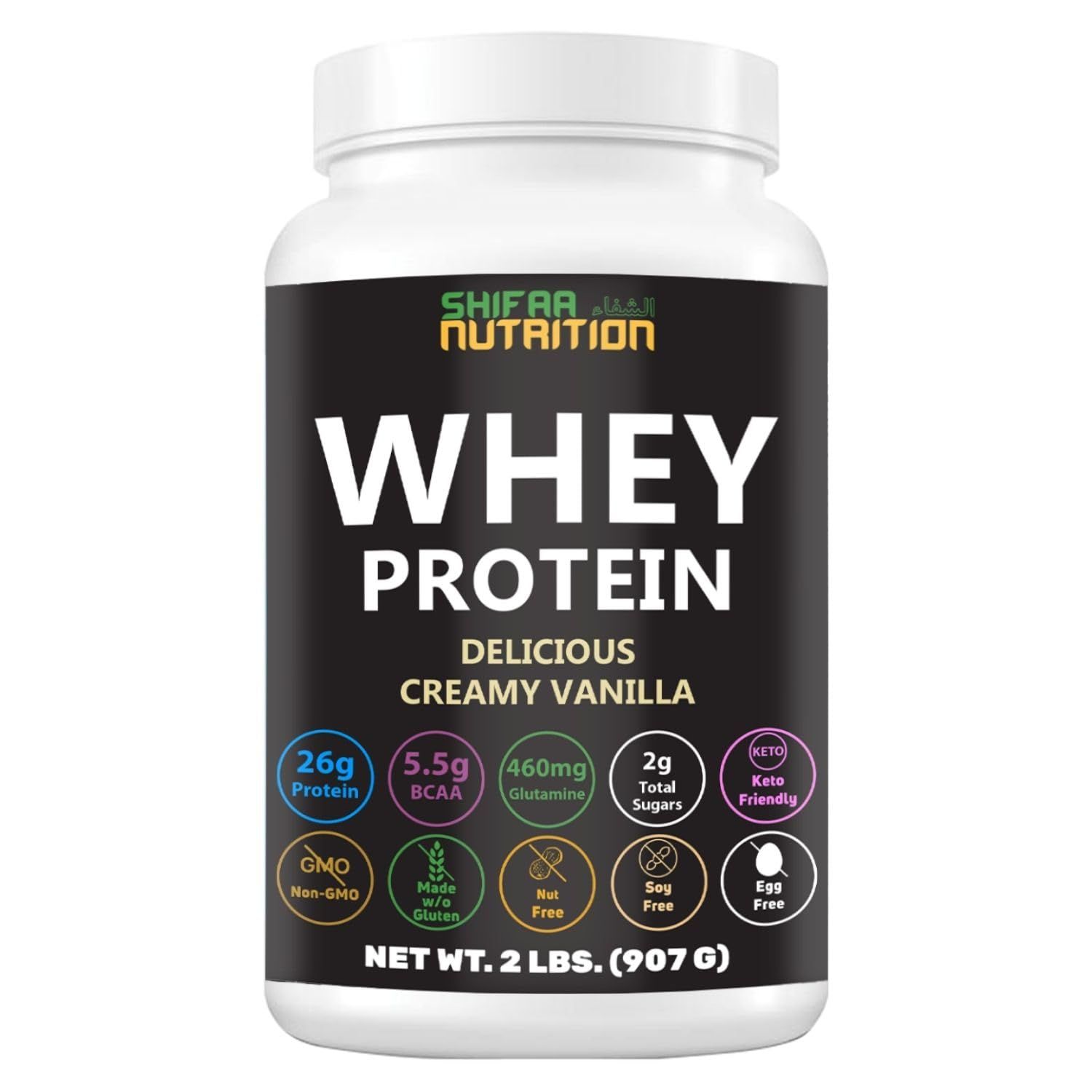 SHIFAA NUTRITION Delicious Creamy Vanilla Halal Whey Protein Powder 2Lbs | 26g Protein, 5500mg BCAAs, and 460mg Glutamine | for Recovery &amp; Lean Muscles | Gluten-Free | Non-GMO | Keto-Friendly