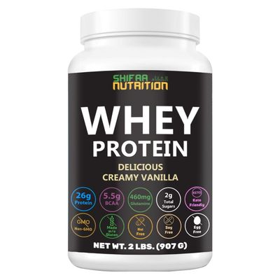 SHIFAA NUTRITION Delicious Creamy Vanilla Halal Whey Protein Powder 2Lbs | 26g Protein, 5500mg BCAAs, and 460mg Glutamine | for Recovery &amp; Lean Muscles | Gluten-Free | Non-GMO | Keto-Friendly