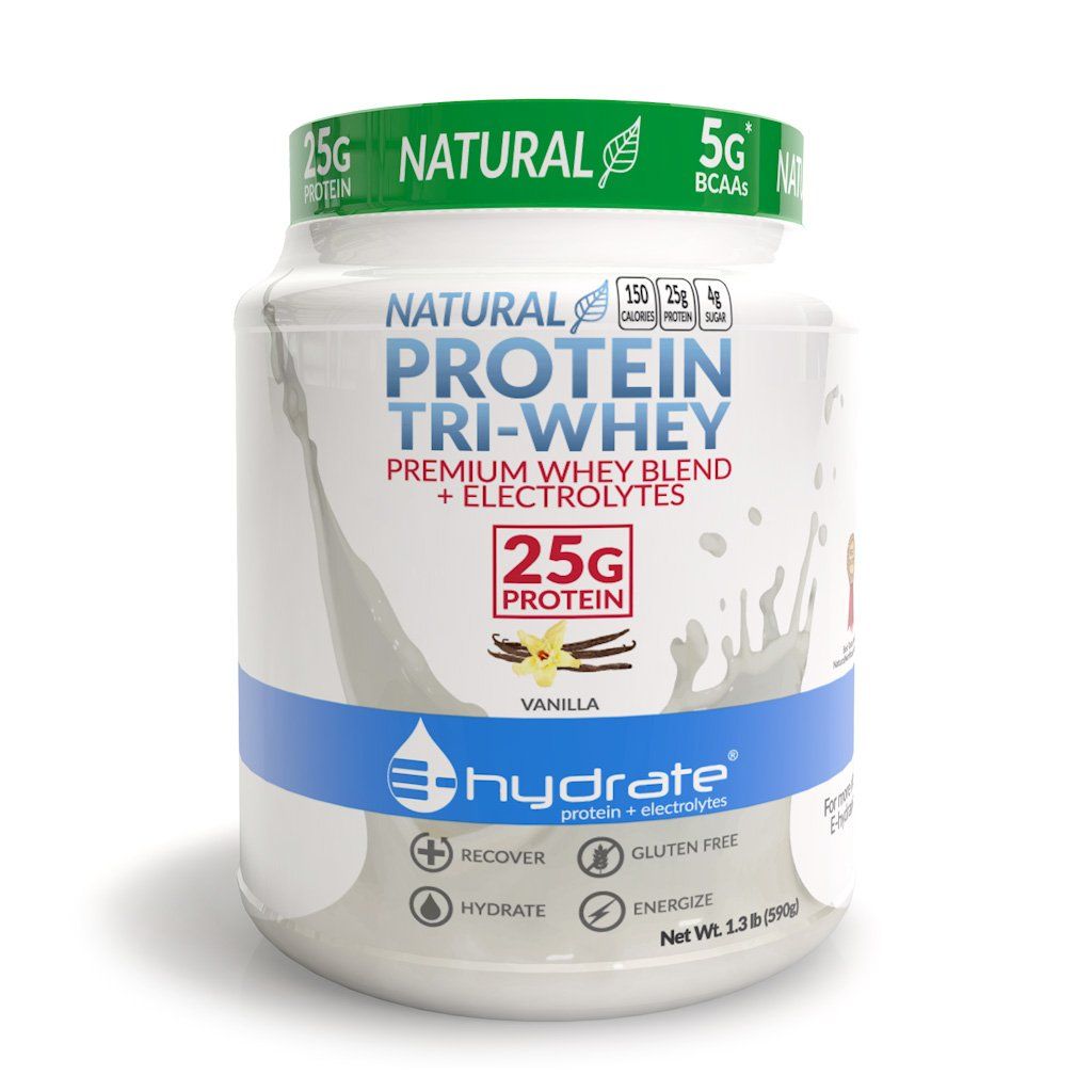 E-hydrate Tri-Whey Protein Powder Gluten Free BCAA + Electrolytes Hydrate Recover, Vanilla, 1.3lb Tub