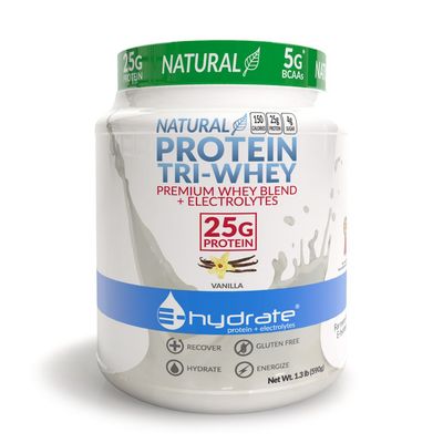 E-hydrate Tri-Whey Protein Powder Gluten Free BCAA + Electrolytes Hydrate Recover, Vanilla, 1.3lb Tub