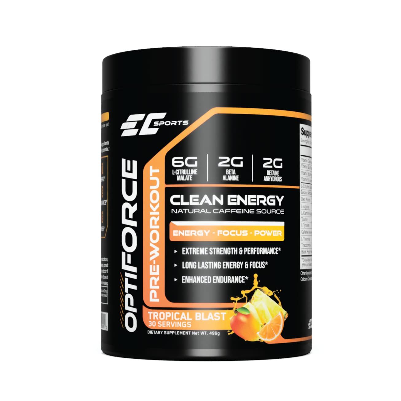 EC Sports OptiForce Pre-Workout Tropical Blast Supplement Powder - Clean Energy &amp; Natural Caffeine w/Long-Lasting Endurance and Focus - 30 Servings