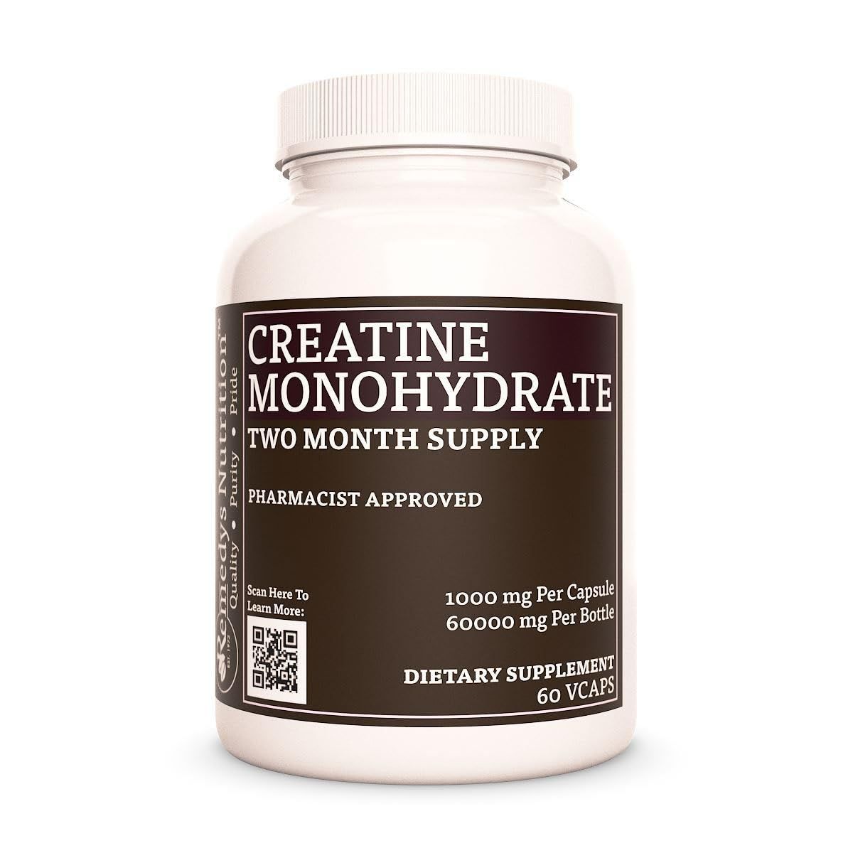 Remedy&#39;s nutrition Creatine Monohydrate | 1,000 mg, 60 Vegan Capsules Dietary Supplement | Two Month Supply | Non-GMO, Gluten Free, Dairy Free, No Additives