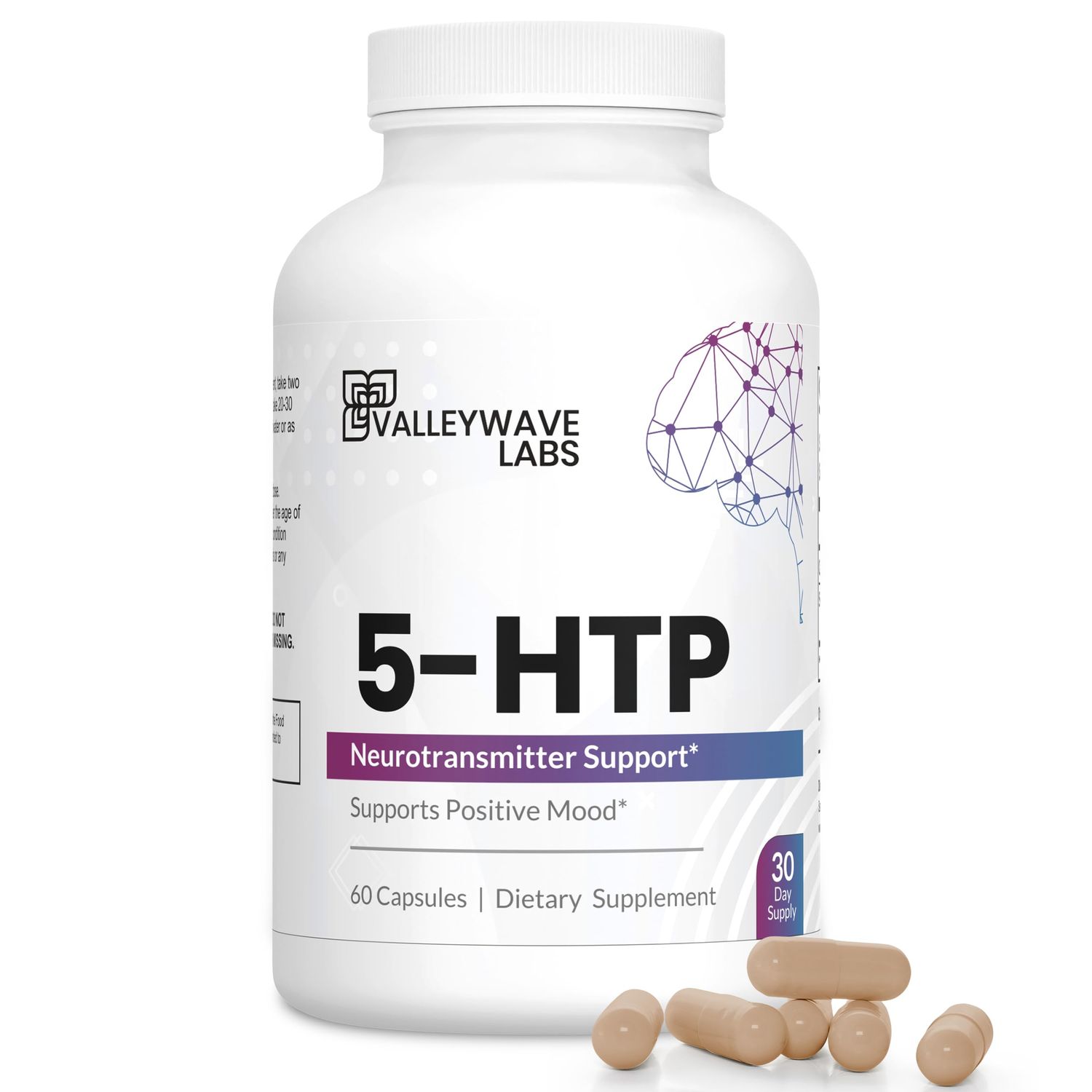 Valleywave Labs 5-HTP - 200mg 5HTP Supplement (5-Hydroxytryptophan) to Support Mood Plus Sleep*, Stress Relief*, 60 Capsules - 30 Day Supply, Made in USA