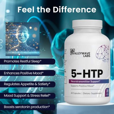 Valleywave Labs 5-HTP - 200mg 5HTP Supplement (5-Hydroxytryptophan) to Support Mood Plus Sleep*, Stress Relief*, 60 Capsules - 30 Day Supply, Made in USA