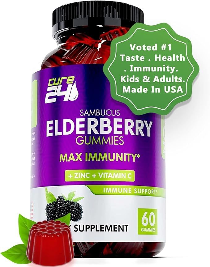 Cure24 Sambucus Elderberry Gummies with Vitamin C and Zinc for Kids &amp; Adults, Triple Immune Support, Natural Flavors &amp; Ingredients, Vegan, Non-GMO, 60 Count, Made in USA
