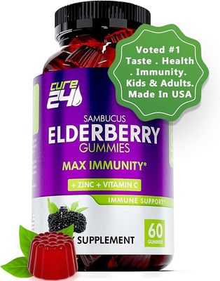 Cure24 Sambucus Elderberry Gummies with Vitamin C and Zinc for Kids &amp; Adults, Triple Immune Support, Natural Flavors &amp; Ingredients, Vegan, Non-GMO, 60 Count, Made in USA
