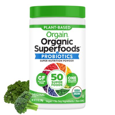 Orgain Organic Greens Powder + 50 Superfoods, Original - 1 Billion Probiotics for Digestive Health, Antioxidants, Vegan, Plant-Based, Gluten-Free, Non-GMO, Green Juice &amp; Smoothie Drink Mix - 0.62lb