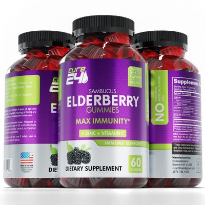 Cure24 Sambucus Elderberry Gummies with Vitamin C and Zinc for Kids &amp; Adults, Triple Immune Support, Natural Flavors &amp; Ingredients, Vegan, Non-GMO, 60 Count, Made in USA