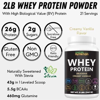 SHIFAA NUTRITION Delicious Creamy Vanilla Halal Whey Protein Powder 2Lbs | 26g Protein, 5500mg BCAAs, and 460mg Glutamine | for Recovery & Lean Muscles | Gluten-Free | Non-GMO | Keto-Friendly