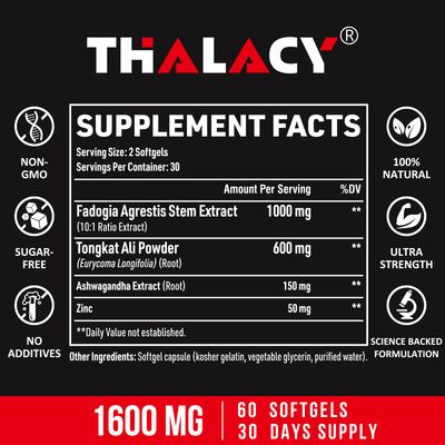 Thalacy 1600mg Fadogia Agrestis Tongkat Ali Supplement, Fadogia Agrestis Extract for Men with Ashwagandha - Maximum Strength, 60 Softgels