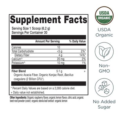 Ancient Nutrition Organic Fiber Powder, Raspberry Lemonade, Soluble Fiber from Acacia &amp; Konjac Root, Supports Digestive Health, Reduces Bloating, 6.5 oz