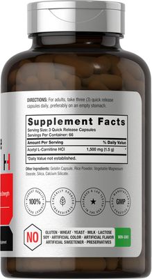 Horbach Acetyl L-Carnitine 1500mg | 200 Capsules | Extra Strength Supplement | Non-GMO &amp; Gluten Free